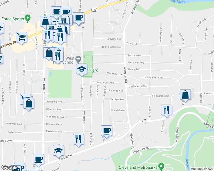 map of restaurants, bars, coffee shops, grocery stores, and more near 20107 Mercedes Avenue in Rocky River