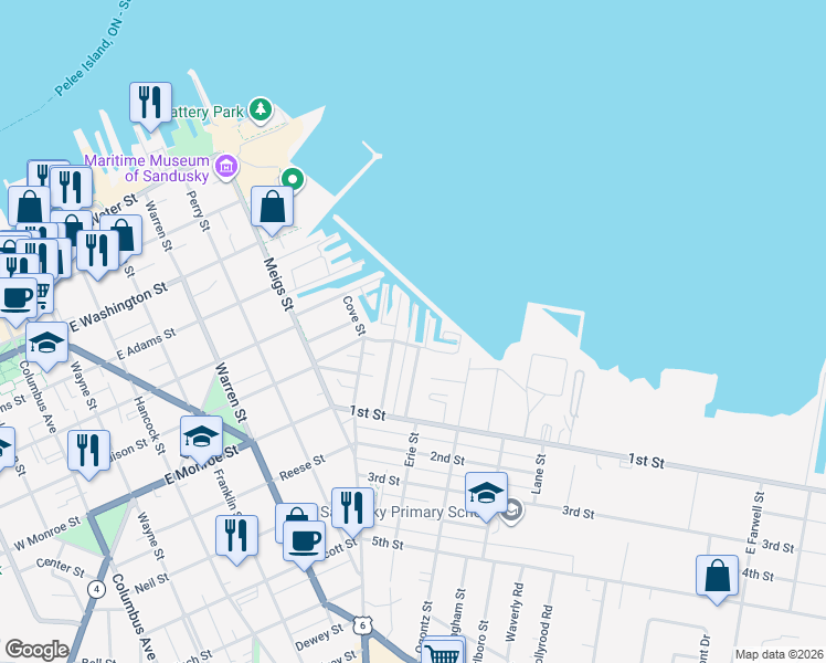 map of restaurants, bars, coffee shops, grocery stores, and more near 438 Parker Drive in Sandusky