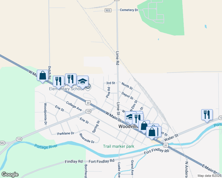map of restaurants, bars, coffee shops, grocery stores, and more near 311 Pine Rd in Woodville
