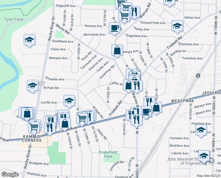 map of restaurants, bars, coffee shops, grocery stores, and more near 3595 West 155th Street in Cleveland