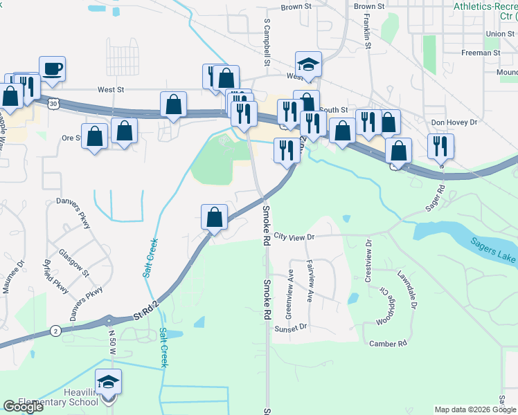 map of restaurants, bars, coffee shops, grocery stores, and more near 1300-1452 Smoke Road in Valparaiso
