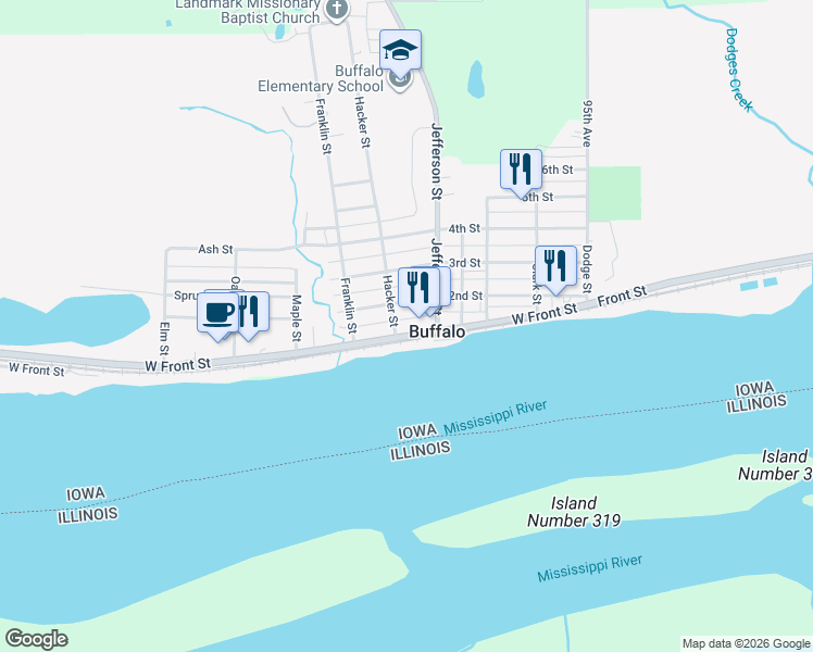 map of restaurants, bars, coffee shops, grocery stores, and more near 624 Front Street in Blue Grass