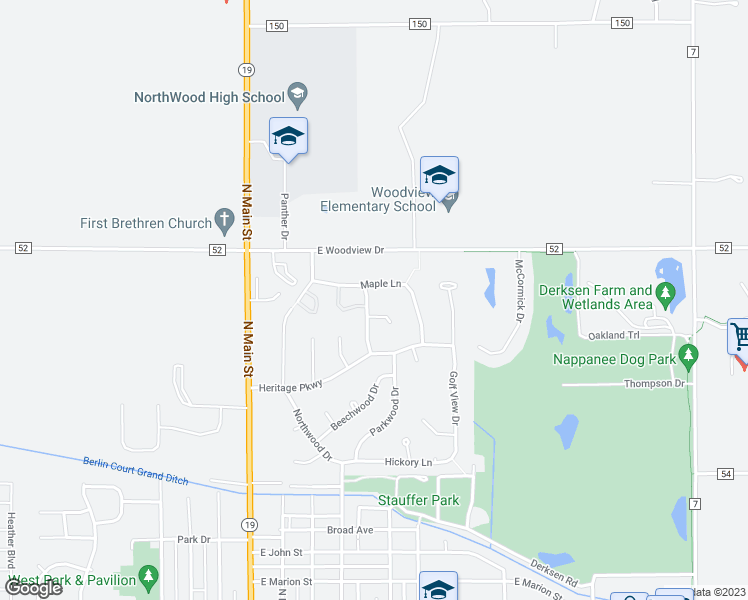 map of restaurants, bars, coffee shops, grocery stores, and more near 1403 Cedar Ridge Trail in Nappanee