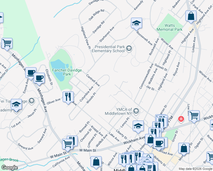 map of restaurants, bars, coffee shops, grocery stores, and more near 160 Sycamore Drive in Middletown