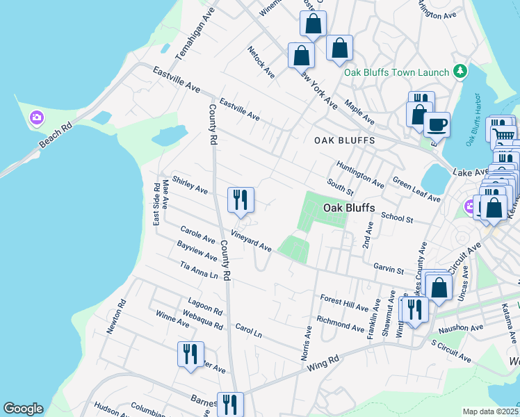 map of restaurants, bars, coffee shops, grocery stores, and more near 15 Stanley Street in Oak Bluffs