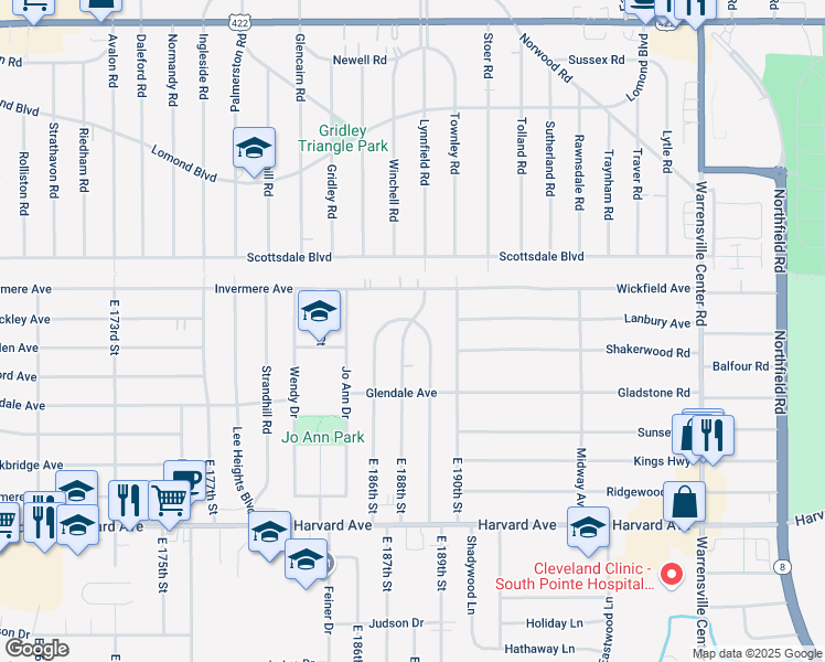 map of restaurants, bars, coffee shops, grocery stores, and more near 3830 East 189th Street in Cleveland