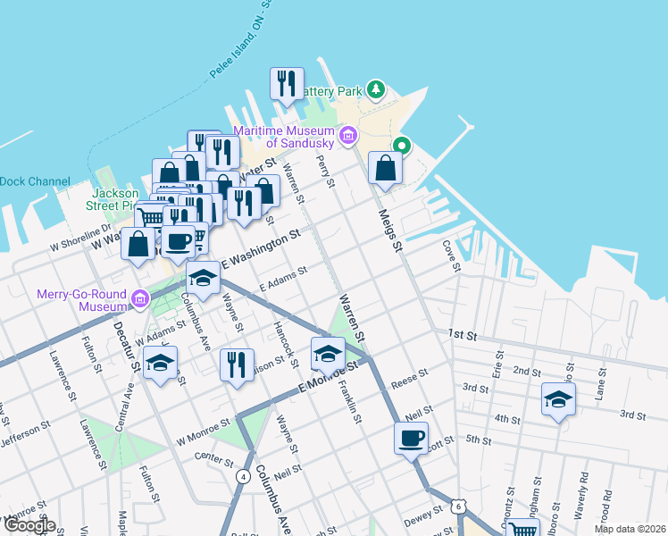 map of restaurants, bars, coffee shops, grocery stores, and more near 410 Warren Street in Sandusky
