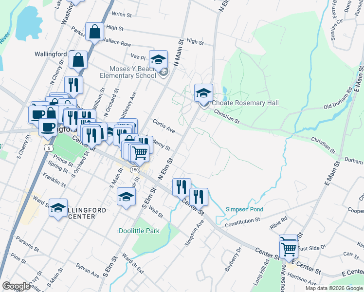 map of restaurants, bars, coffee shops, grocery stores, and more near 77 North Elm Street in Wallingford