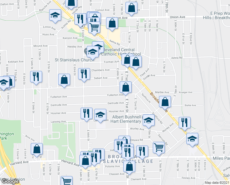 map of restaurants, bars, coffee shops, grocery stores, and more near 6915 Fullerton Avenue in Cleveland