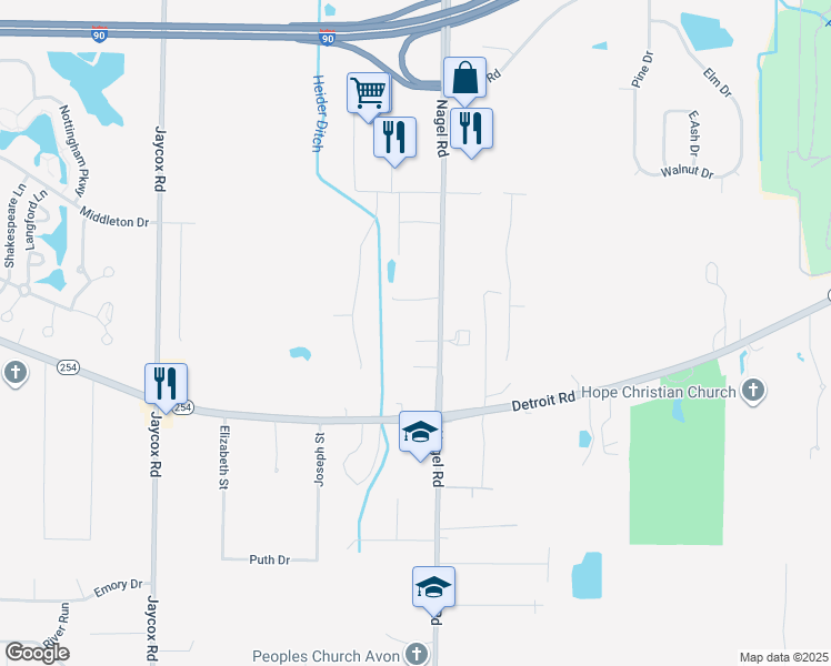 map of restaurants, bars, coffee shops, grocery stores, and more near 2300 Nagel Road in Avon