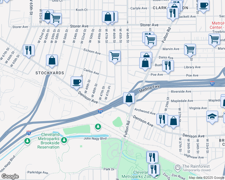 map of restaurants, bars, coffee shops, grocery stores, and more near 3632 West 46th Street in Cleveland