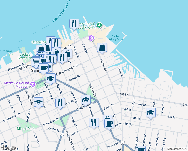 map of restaurants, bars, coffee shops, grocery stores, and more near 419 Perry Street in Sandusky