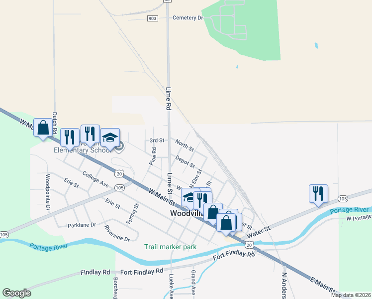 map of restaurants, bars, coffee shops, grocery stores, and more near 511 North Street in Woodville