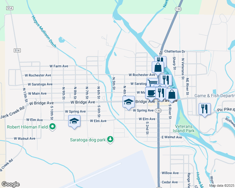 map of restaurants, bars, coffee shops, grocery stores, and more near 415 West Main Avenue in Saratoga