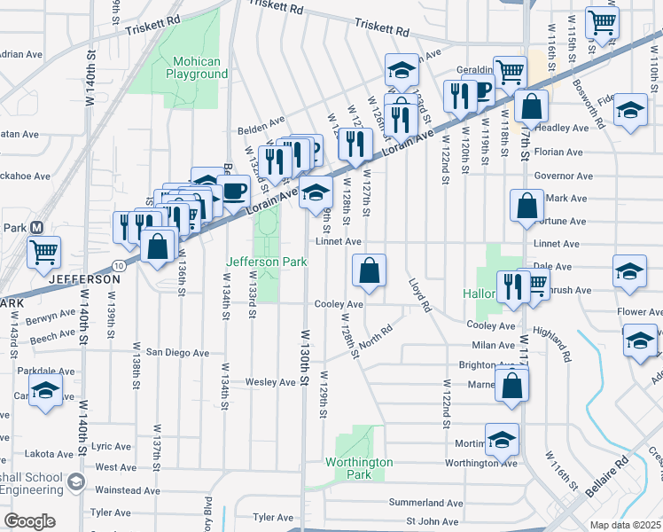 map of restaurants, bars, coffee shops, grocery stores, and more near 3565 West 129th Street in Cleveland