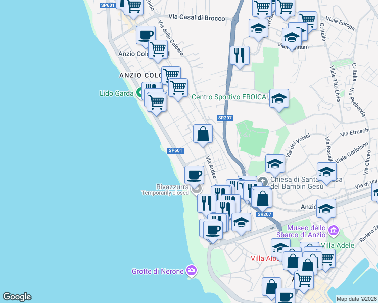 map of restaurants, bars, coffee shops, grocery stores, and more near 331 Viale Marconi in Anzio