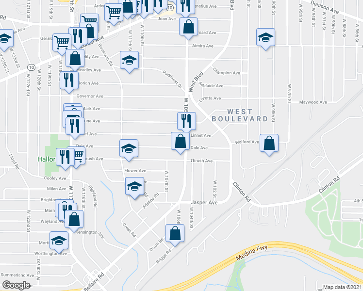 map of restaurants, bars, coffee shops, grocery stores, and more near 3558 West 105th Street in Cleveland