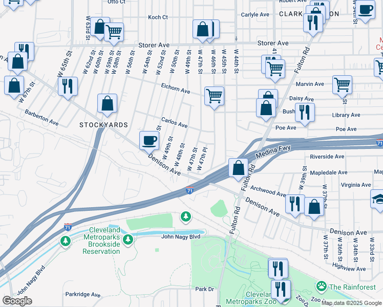 map of restaurants, bars, coffee shops, grocery stores, and more near 3630 West 47th Street in Cleveland