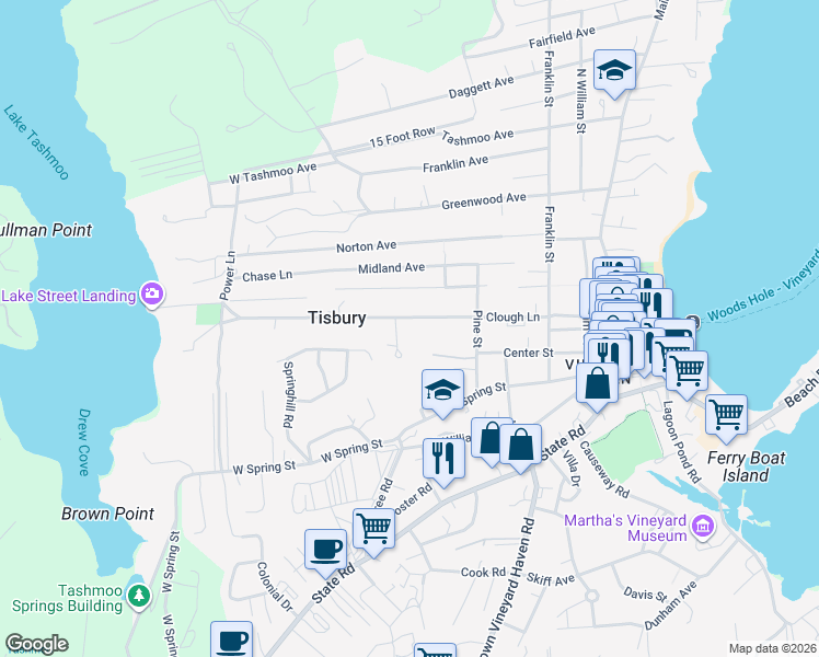 map of restaurants, bars, coffee shops, grocery stores, and more near 58 Lake Street in Tisbury