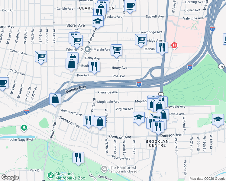 map of restaurants, bars, coffee shops, grocery stores, and more near 3518 Riverside Avenue in Cleveland