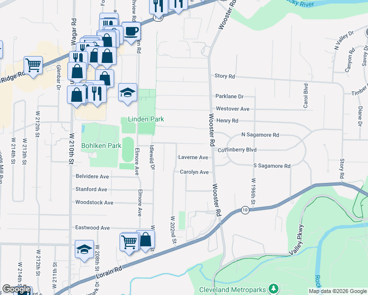 map of restaurants, bars, coffee shops, grocery stores, and more near 20107 Mercedes Avenue in Rocky River