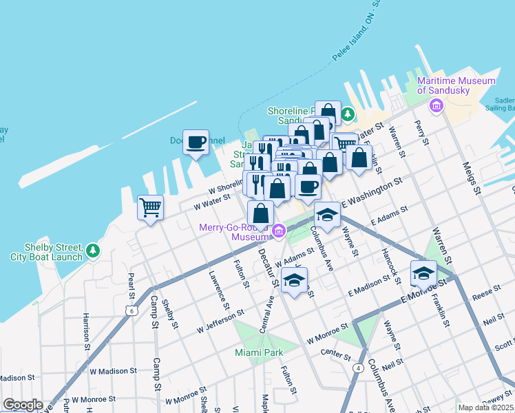 map of restaurants, bars, coffee shops, grocery stores, and more near 333 West Market Street in Sandusky
