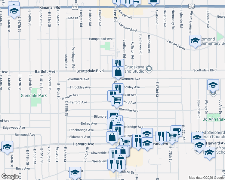 map of restaurants, bars, coffee shops, grocery stores, and more near 3810 Lee Road in Cleveland
