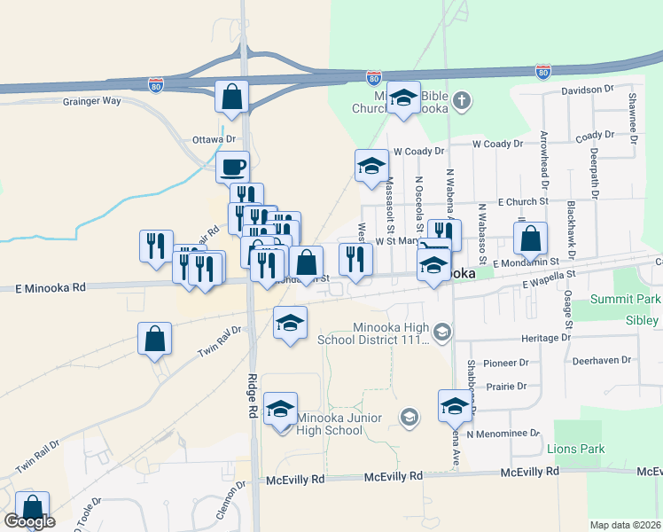 map of restaurants, bars, coffee shops, grocery stores, and more near 405 West Mondamin Street in Minooka