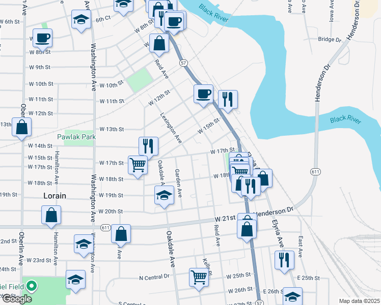 map of restaurants, bars, coffee shops, grocery stores, and more near 1602 Lexington Avenue in Lorain