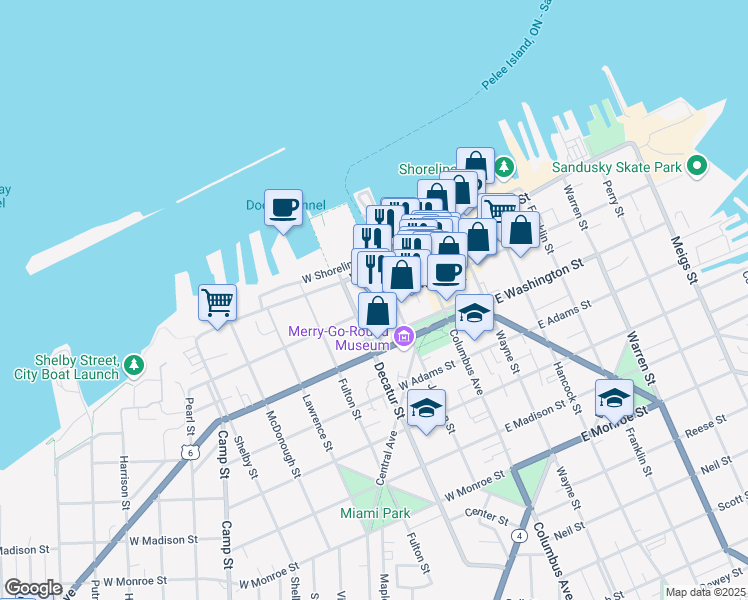 map of restaurants, bars, coffee shops, grocery stores, and more near 333 West Market Street in Sandusky