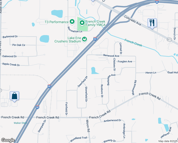 map of restaurants, bars, coffee shops, grocery stores, and more near 2431 Deerfield Drive in Avon