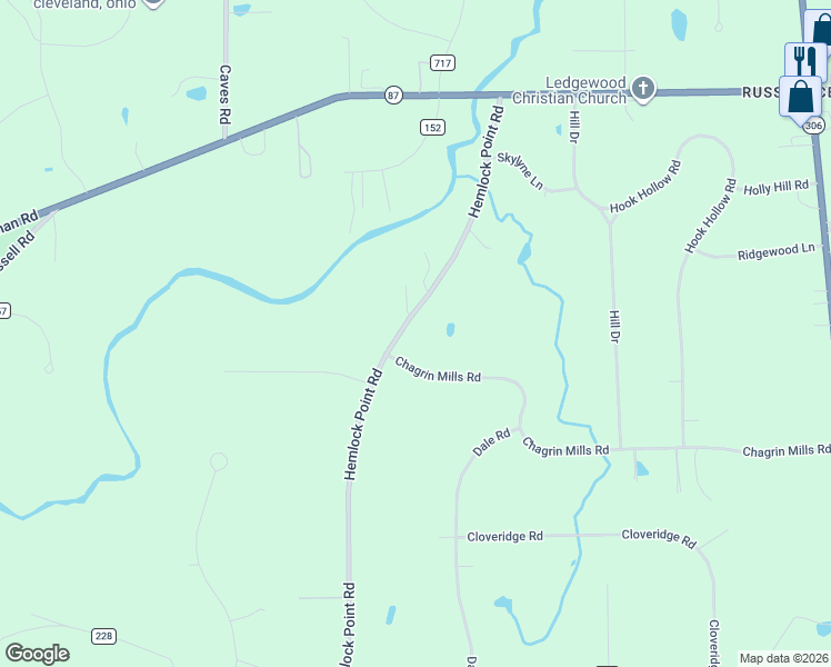 map of restaurants, bars, coffee shops, grocery stores, and more near 15157 Hemlock Point Road in Chagrin Falls