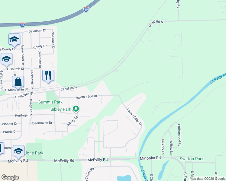 map of restaurants, bars, coffee shops, grocery stores, and more near 507 Rivers Edge Drive in Minooka