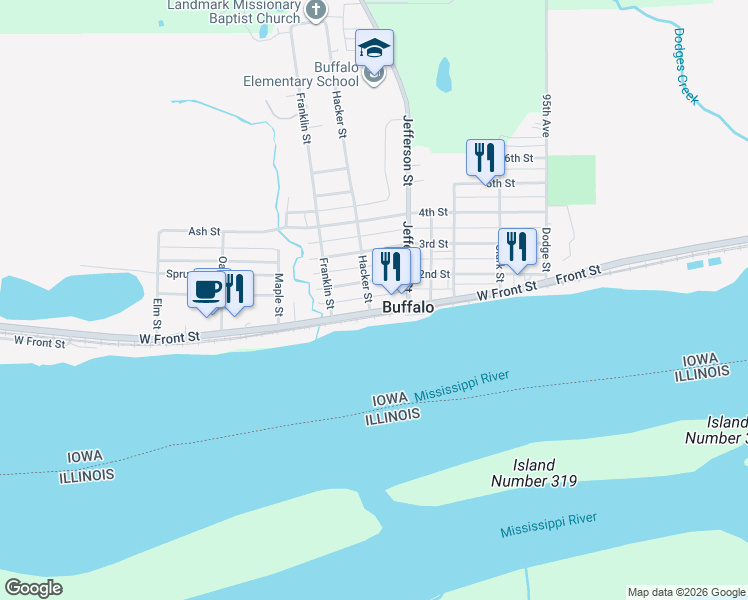 map of restaurants, bars, coffee shops, grocery stores, and more near 624 Front St in Blue Grass