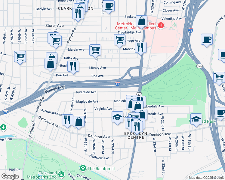 map of restaurants, bars, coffee shops, grocery stores, and more near 3224 Riverside Avenue in Cleveland