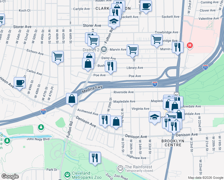 map of restaurants, bars, coffee shops, grocery stores, and more near 3910 Riverside Avenue in Cleveland