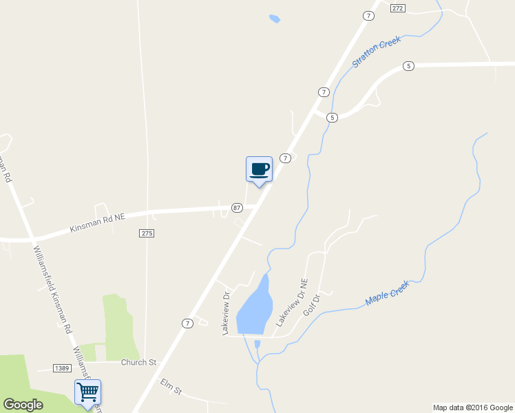 map of restaurants, bars, coffee shops, grocery stores, and more near Ohio 5 & Main Street in Kinsman