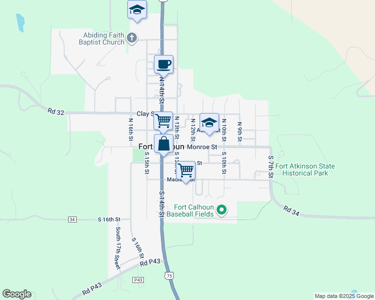 map of restaurants, bars, coffee shops, grocery stores, and more near 1205 Monroe Street in Fort Calhoun