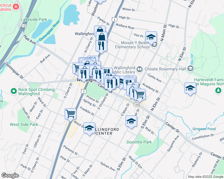 map of restaurants, bars, coffee shops, grocery stores, and more near 184 Center Street in Wallingford