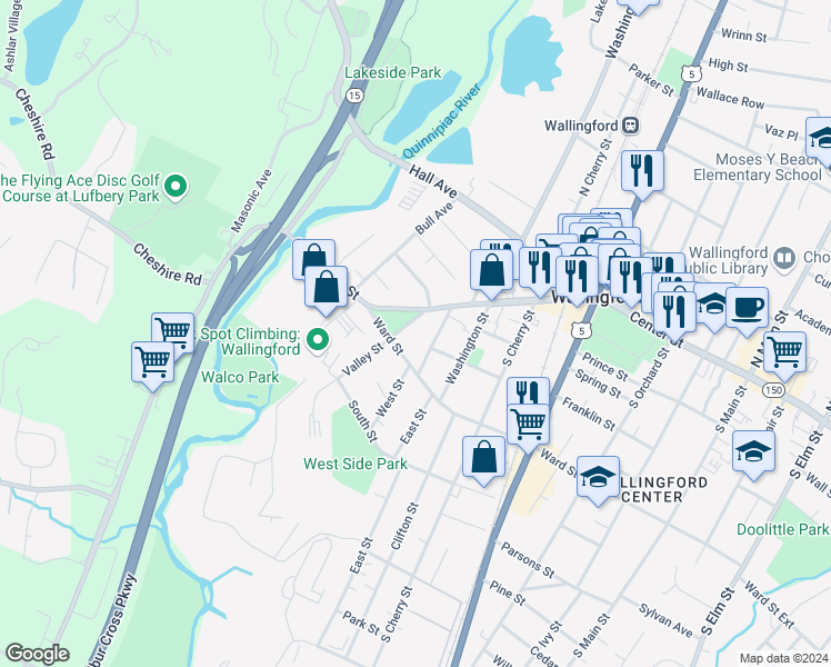 map of restaurants, bars, coffee shops, grocery stores, and more near 10 Valley Street in Wallingford
