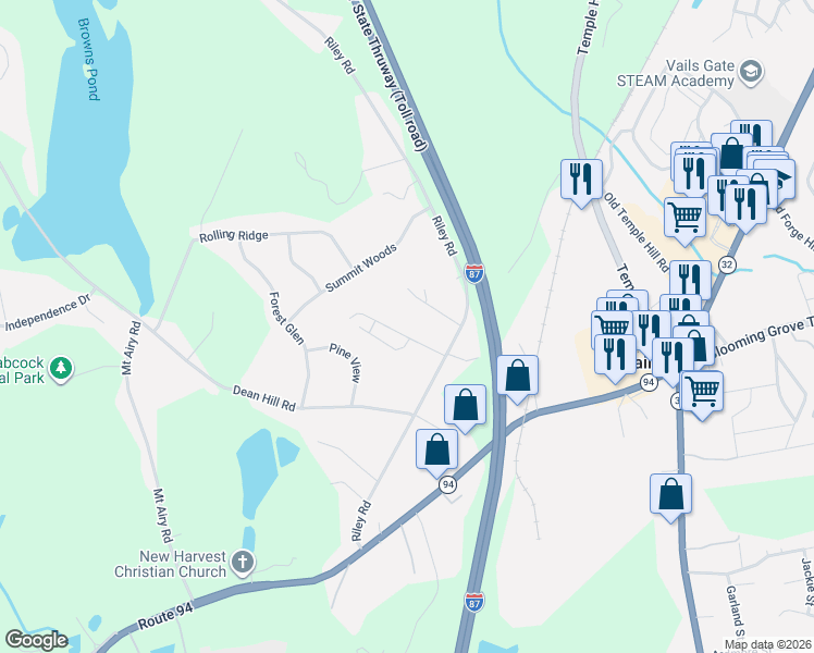 map of restaurants, bars, coffee shops, grocery stores, and more near 93 Riley Road in New Windsor