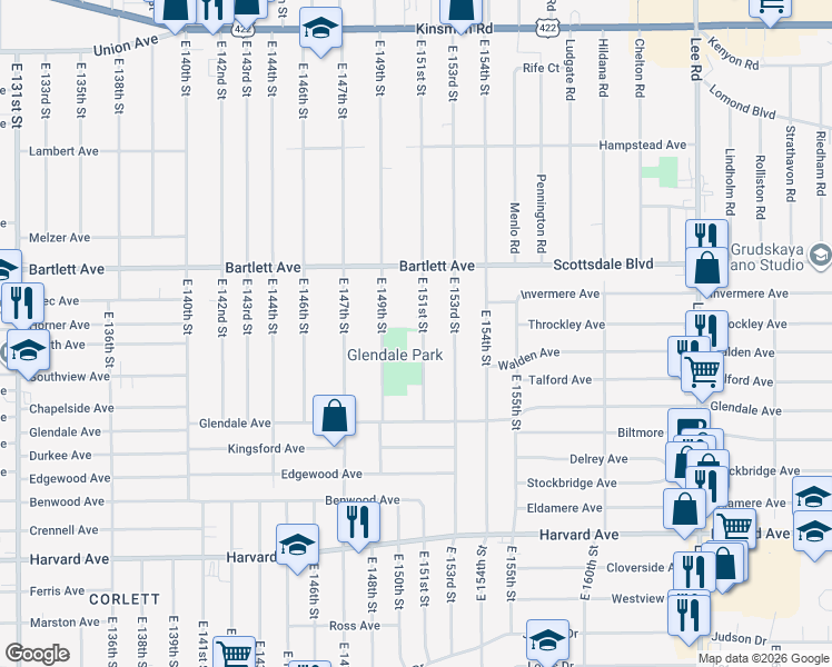 map of restaurants, bars, coffee shops, grocery stores, and more near 3814 East 151st Street in Cleveland