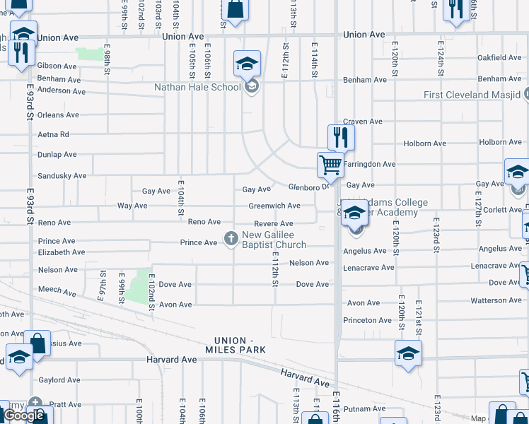 map of restaurants, bars, coffee shops, grocery stores, and more near 11018 Greenwich Avenue in Cleveland