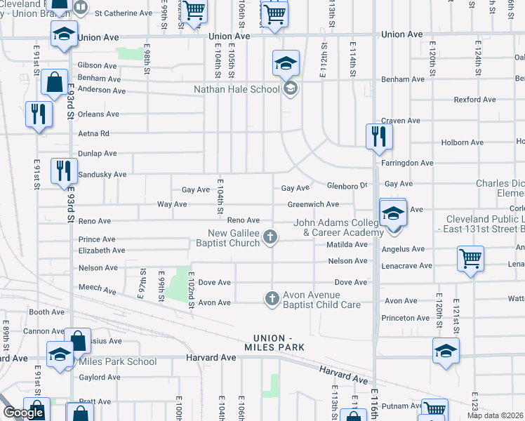 map of restaurants, bars, coffee shops, grocery stores, and more near 10902 Greenwich Avenue in Cleveland