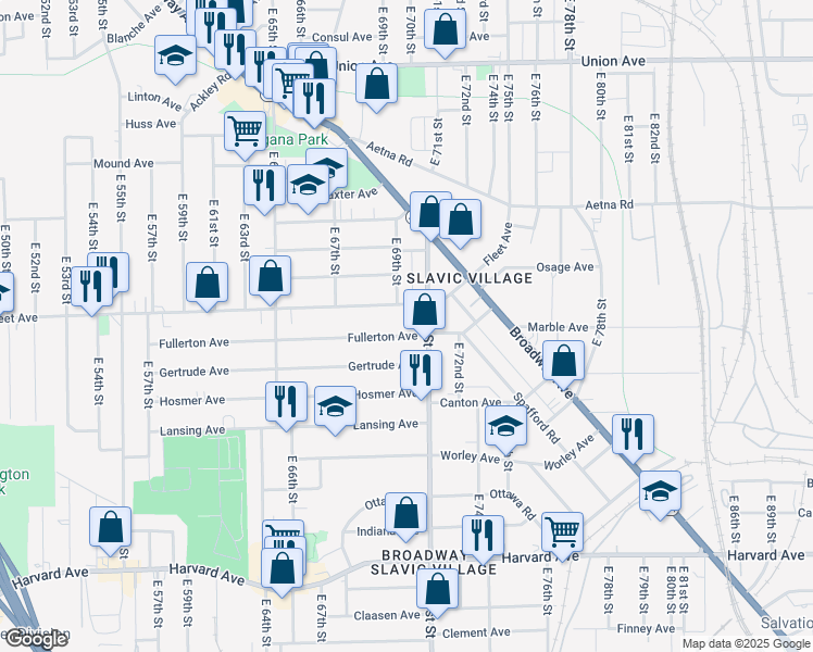 map of restaurants, bars, coffee shops, grocery stores, and more near 6915 Fullerton Avenue in Cleveland