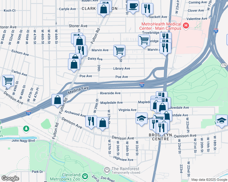 map of restaurants, bars, coffee shops, grocery stores, and more near 3518 Riverside Avenue in Cleveland