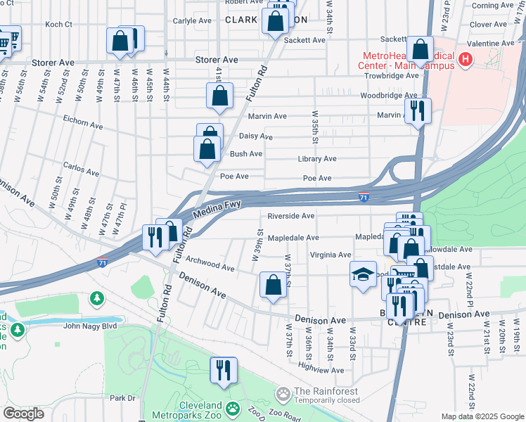 map of restaurants, bars, coffee shops, grocery stores, and more near 3910 Riverside Avenue in Cleveland