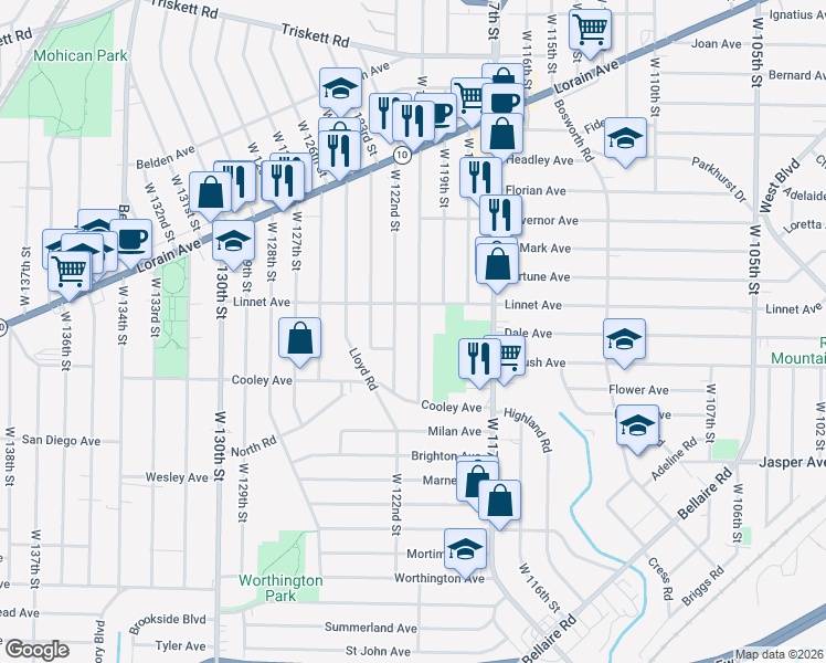 map of restaurants, bars, coffee shops, grocery stores, and more near 3579 West 122nd Street in Cleveland