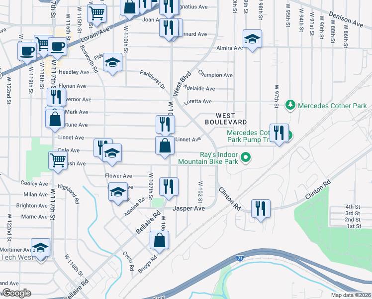map of restaurants, bars, coffee shops, grocery stores, and more near 10400 Dale Avenue in Cleveland