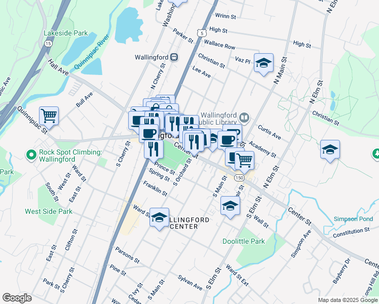 map of restaurants, bars, coffee shops, grocery stores, and more near 150 Route 150 in Wallingford